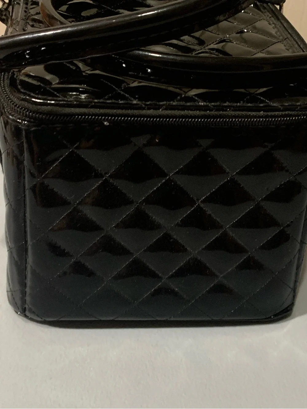 Black Quilted Patent Cosmetic Train Case with Double Handles
